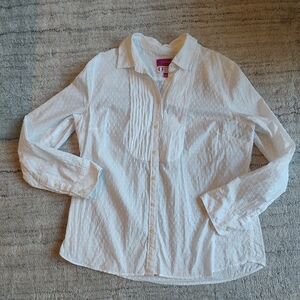 Talbots The Oprah Swiss Dot Pintuck White Button Down Shirt Size 14